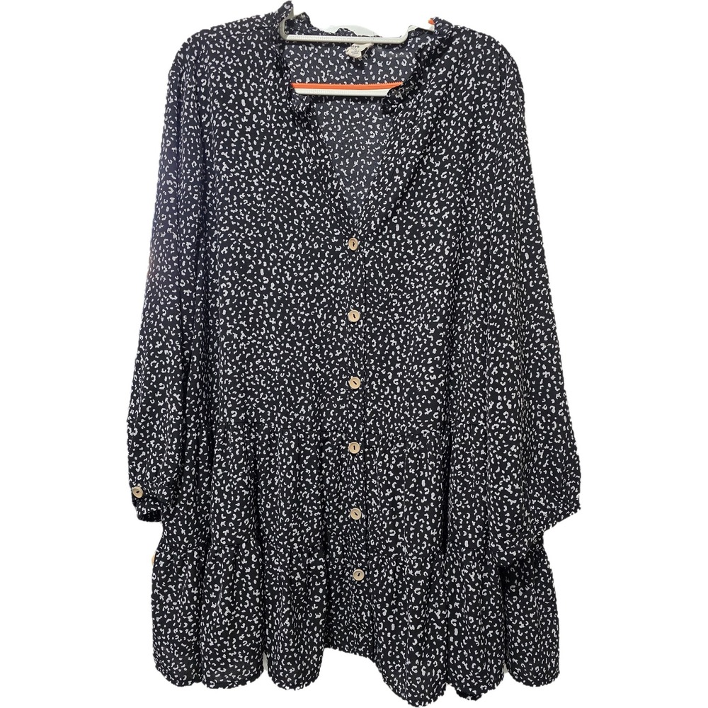 1X ENTRO Women's Plus black white peasant babydoll tiered button up blouse flowy